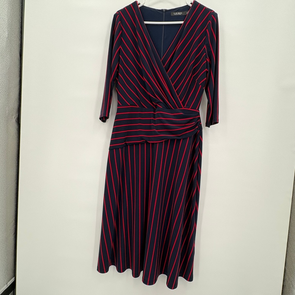 Lauren Ralph Lauren Black Label Navy Red Striped Midi Dress 3/4 Sleeve Size 10